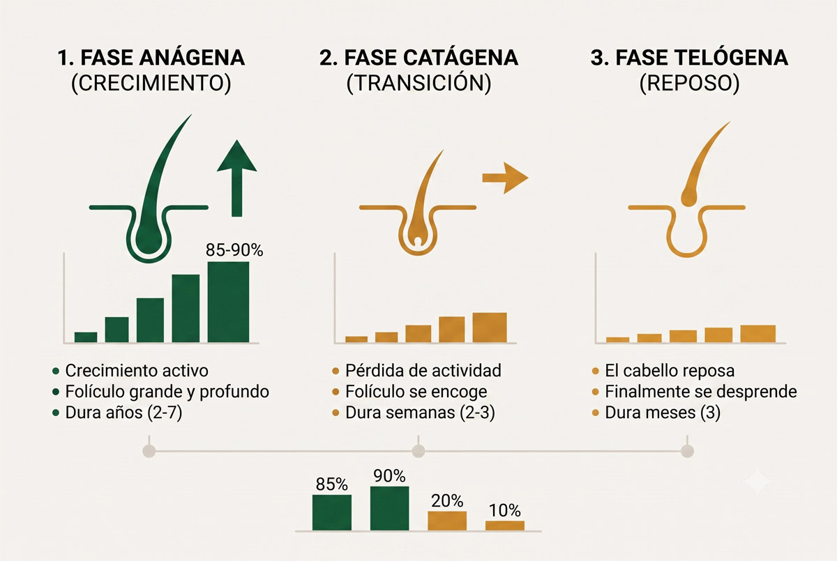 Diagrama de las tres fases del ciclo de crecimiento del cabello