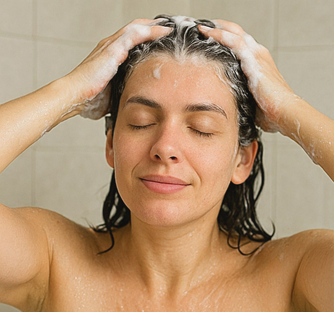 Mujer lavándose el cabello con el Sistema Westford completo