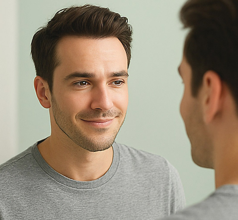 Hombre con cabello saludable y cuero cabelludo sano