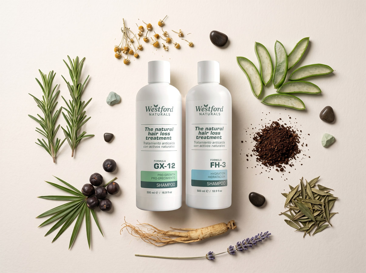 Ingredientes naturales usados en el tratamiento anticaída Westford: romero, aloe, café y ginseng