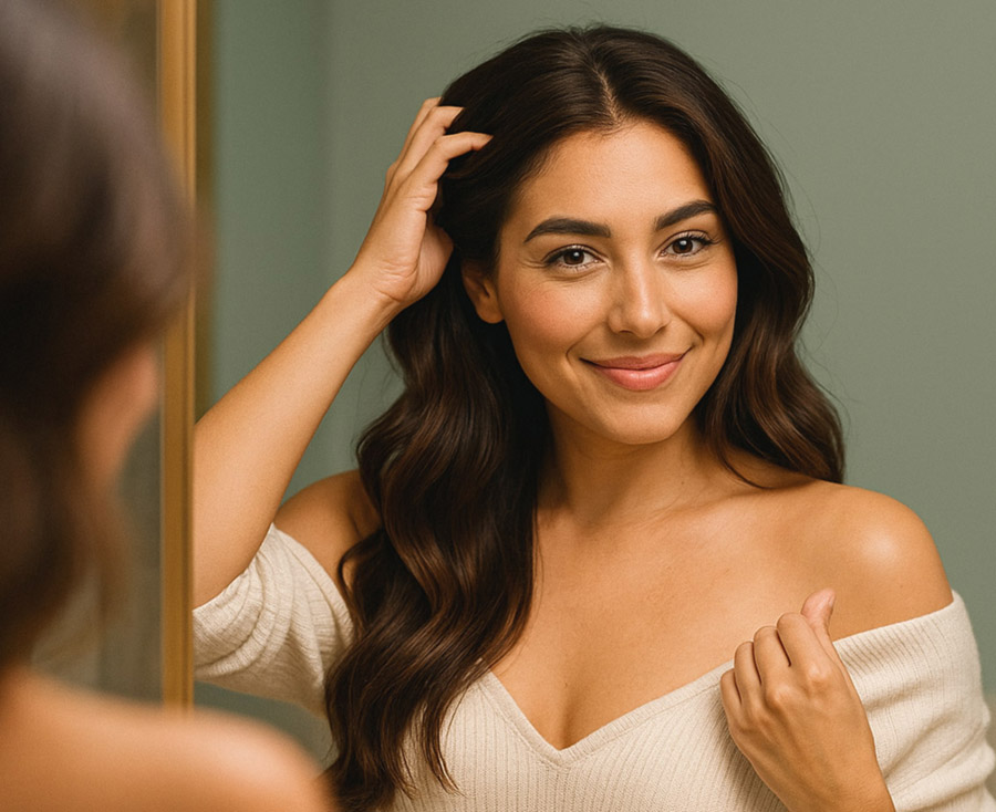 Mujer con cabello abundante y saludable frente al espejo
