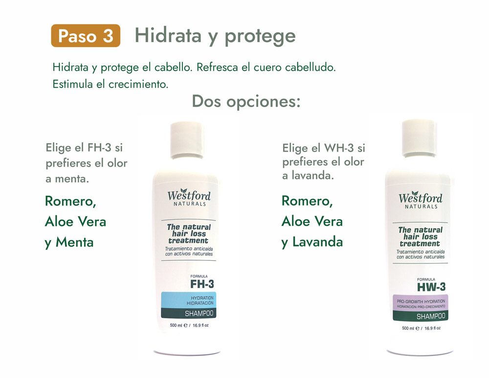 Paso 3 — Hidrata y protege: FH-3 con Romero y Menta, HW-3 con Romero y Lavanda