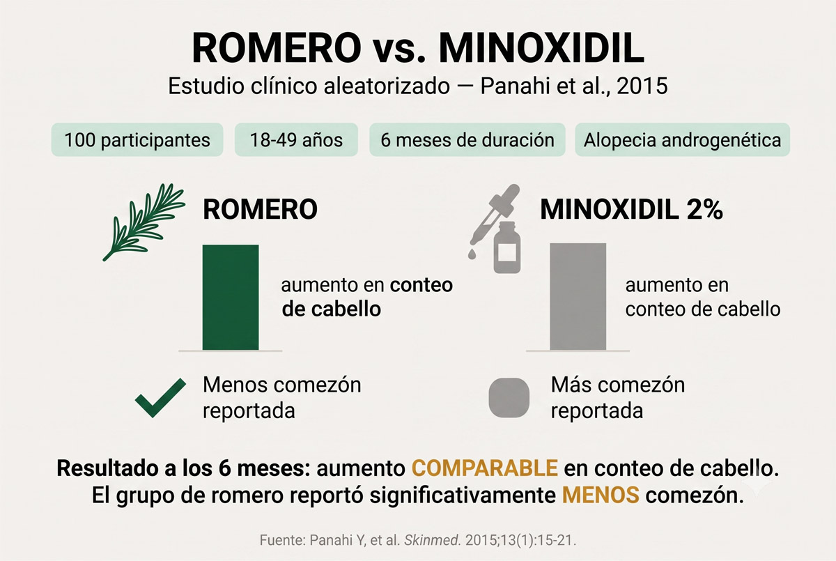 Comparación del estudio Panahi 2015 entre aceite de romero y minoxidil 2%